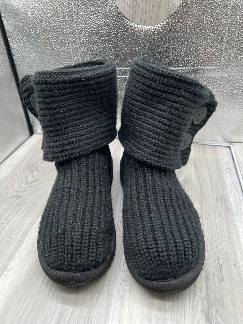 UGG Classic Womens Cardy II Knit Boot Size 6 Tall Black Ribbed Button Slouch